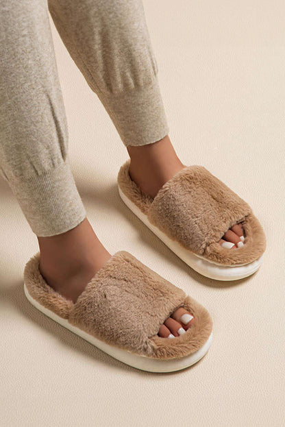 Chestnut Furry Open Toe Thick Sole Slippers