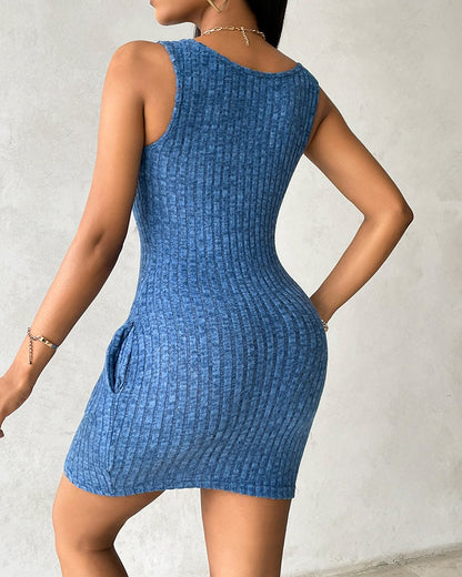 Buttoned Pocket Design Ribbed Bodycon Dress