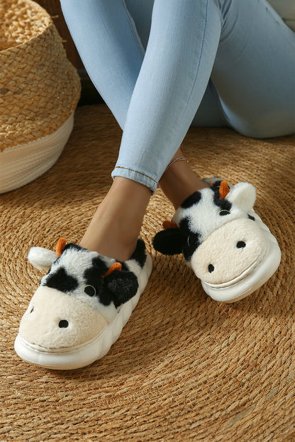 White Cute Cow Thick Sole Plush Thermal Home Slippers