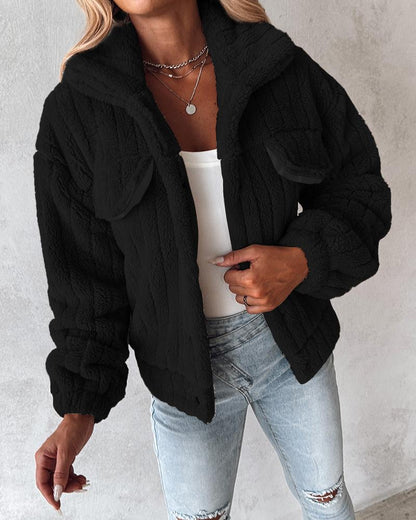 Turn down Collar Buttoned Teddy Jacket