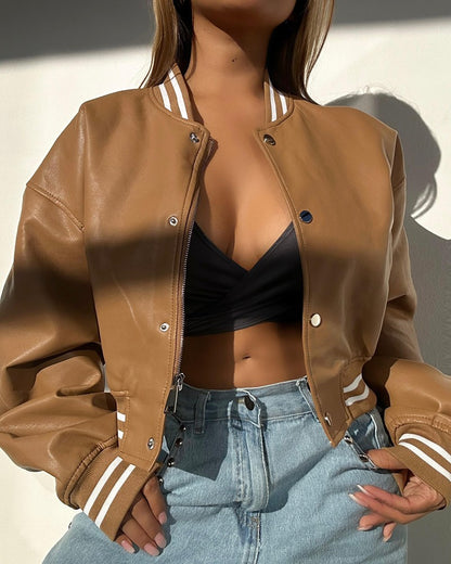 Striped Snap Button Zipper Design Crop Bomber Jacket