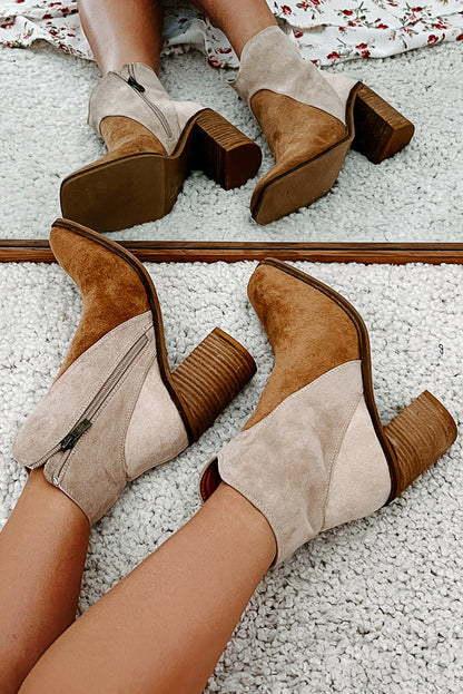 Camel Two Tone Faux Suede Square Toe Chunky Heel Boots