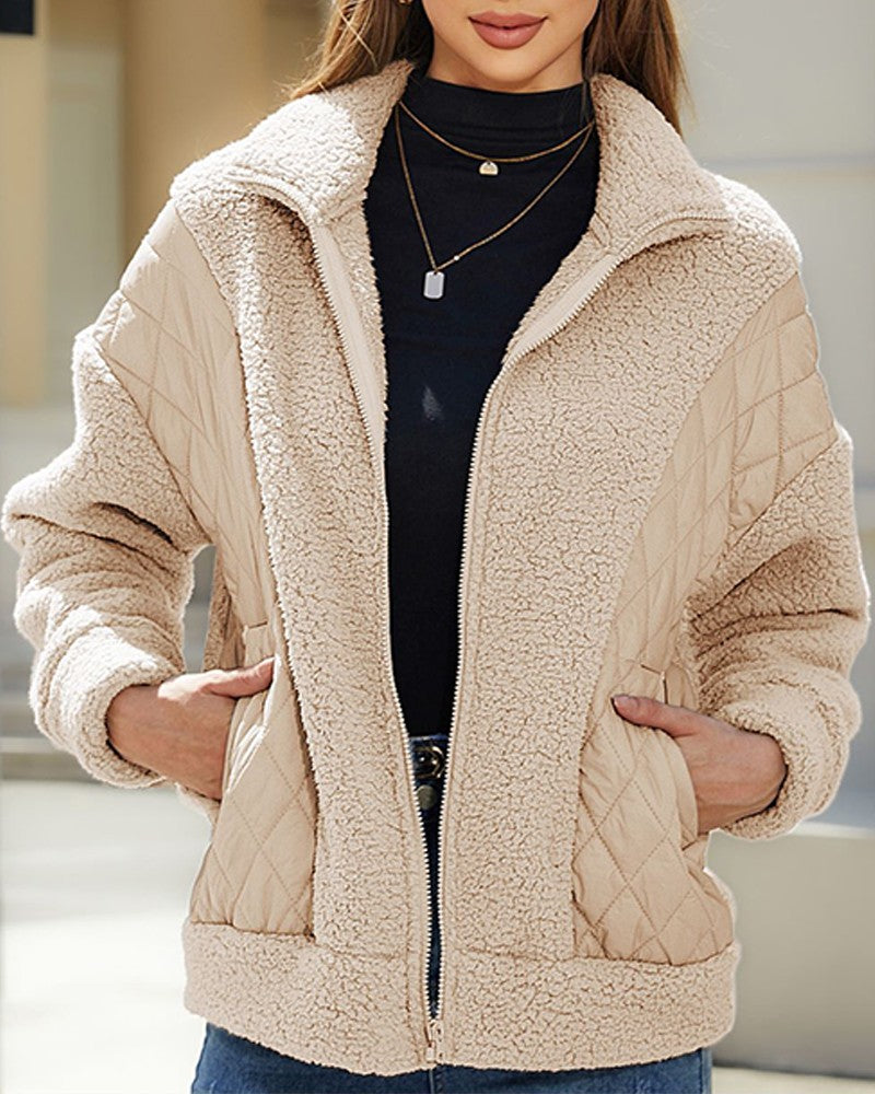 Women's Pocket Design Patchwork Long Sleeve Fluffy Teddy Puffer Coat