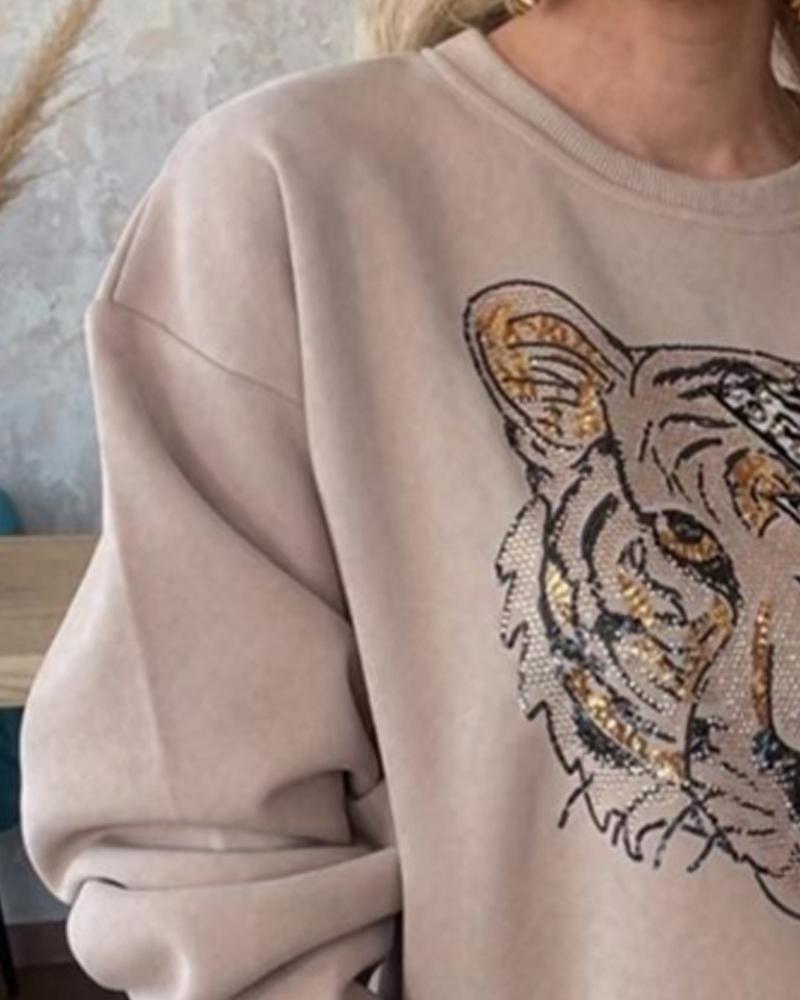 Tiger Leopard Pattern Round Neck Rhinestone Decor Fleece Lined Sweatshirt