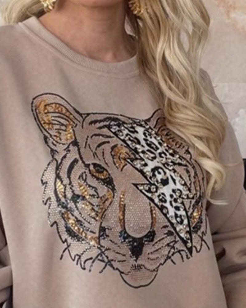 Tiger Leopard Pattern Round Neck Rhinestone Decor Fleece Lined Sweatshirt