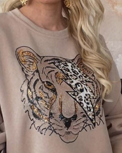 Tiger Leopard Pattern Round Neck Rhinestone Decor Fleece Lined Sweatshirt