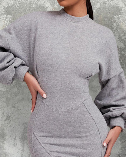 O neck Lantern Sleeve Mini Bodycon Sweatshirt Dress