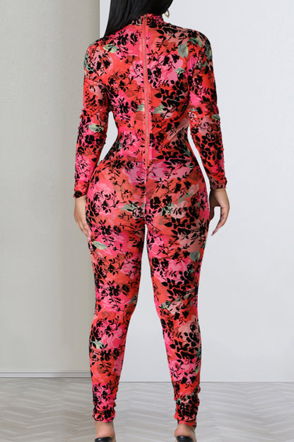 Sexy Print Patchwork Zipper O Neck Skinny Jumpsuits