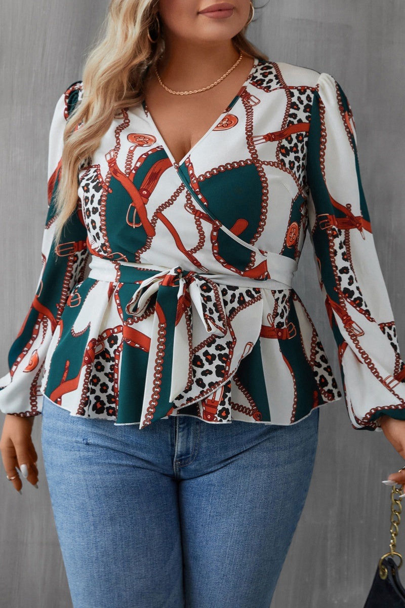 Casual Print Patchwork V Neck Plus Size Tops