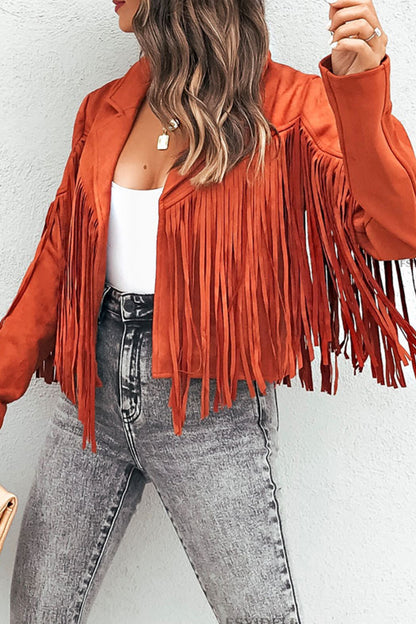 Street Solid Tassel Patchwork Turndown Collar Outerwear