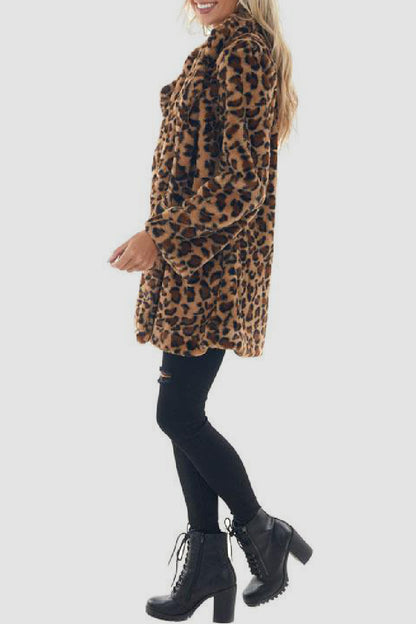 Casual Leopard Cardigan Turndown Collar Outerwear