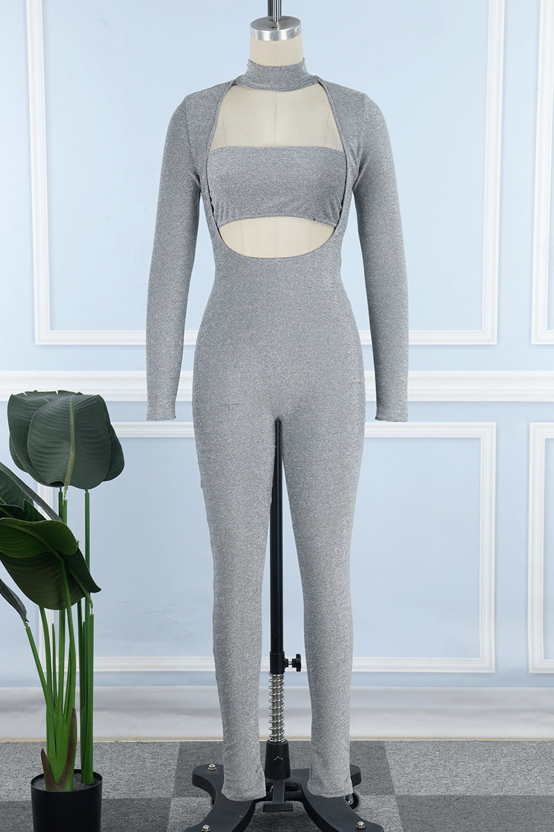 Sexy Casual Solid Hollowed Out Turtleneck Skinny Jumpsuits