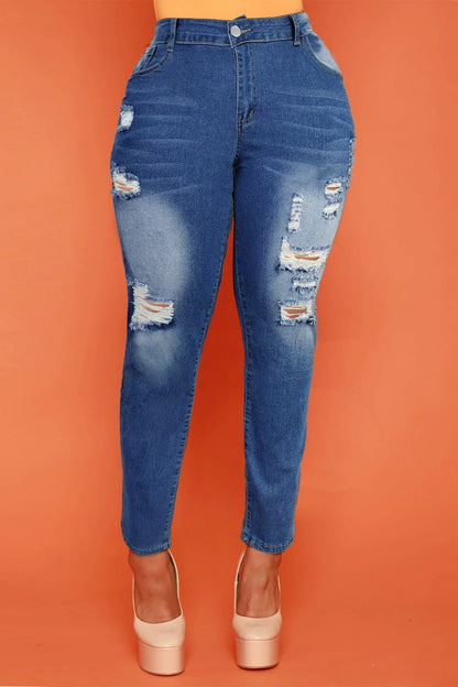 Casual Solid Ripped High Waist Regular Denim Jeans