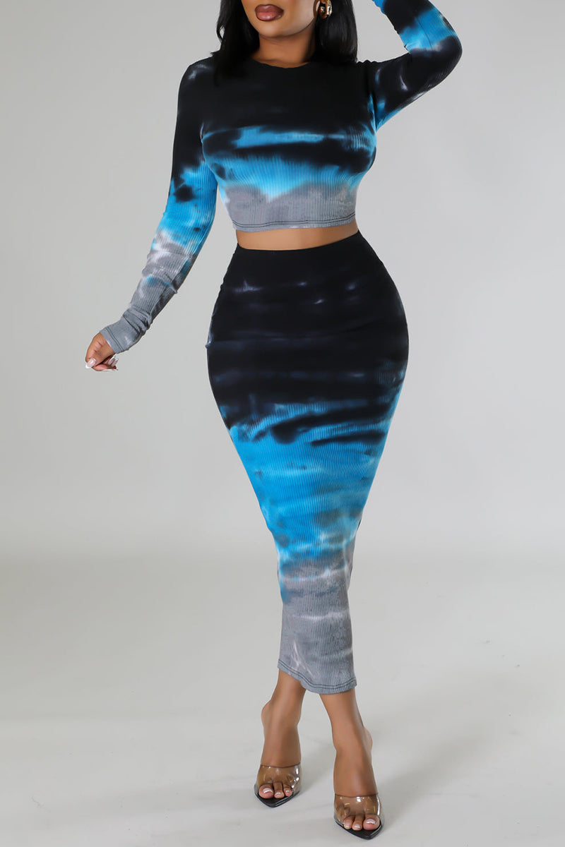 Casual Print Tie-dye O Neck Long Sleeve Two Pieces