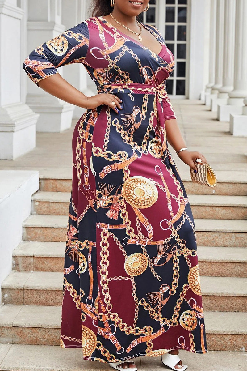 Casual Print Frenulum V Neck Long Dress Dresses