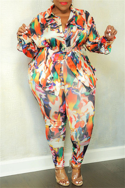 Casual Print Patchwork Turndown Collar Plus Size Two Pieces