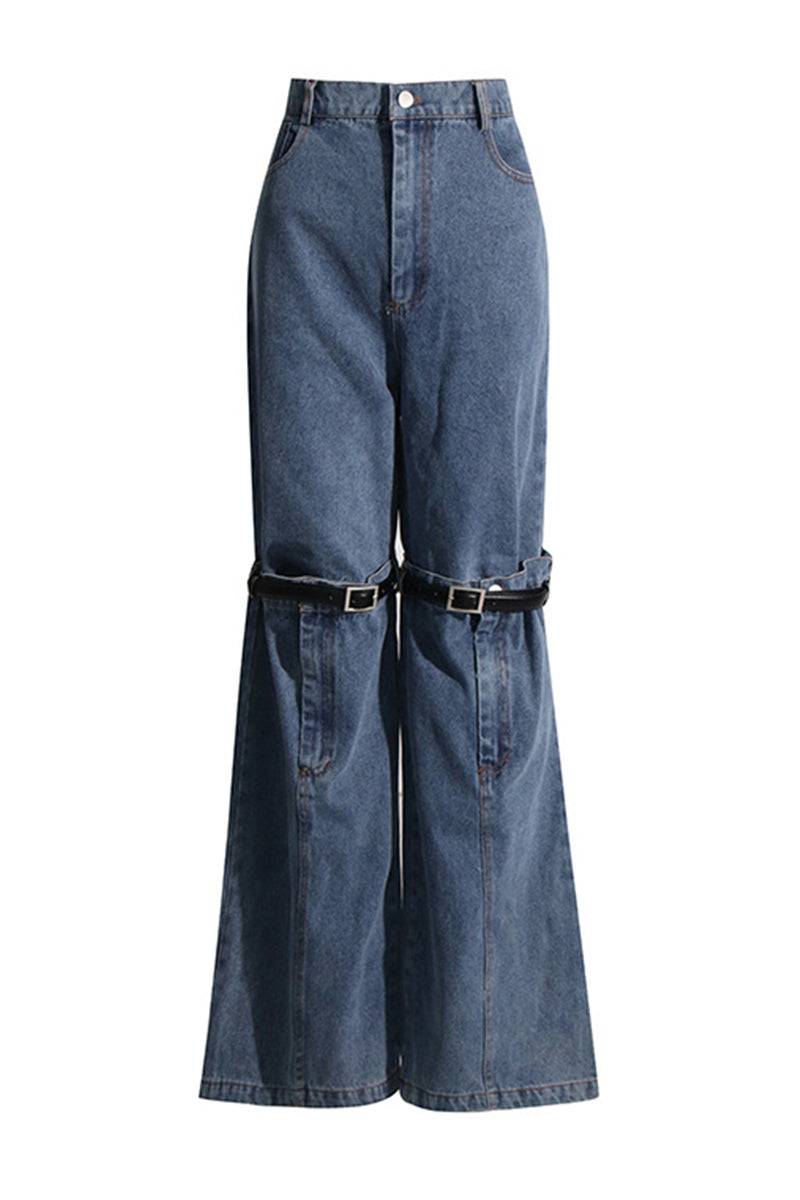 Casual Solid Patchwork High Waist Straight Denim Jeans