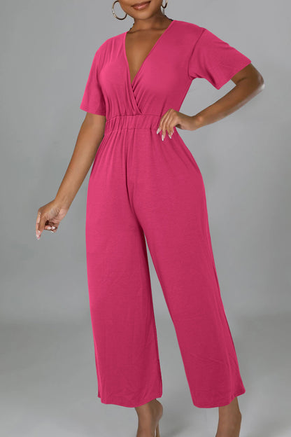 Casual Solid Patchwork V Neck Loose Jumpsuits