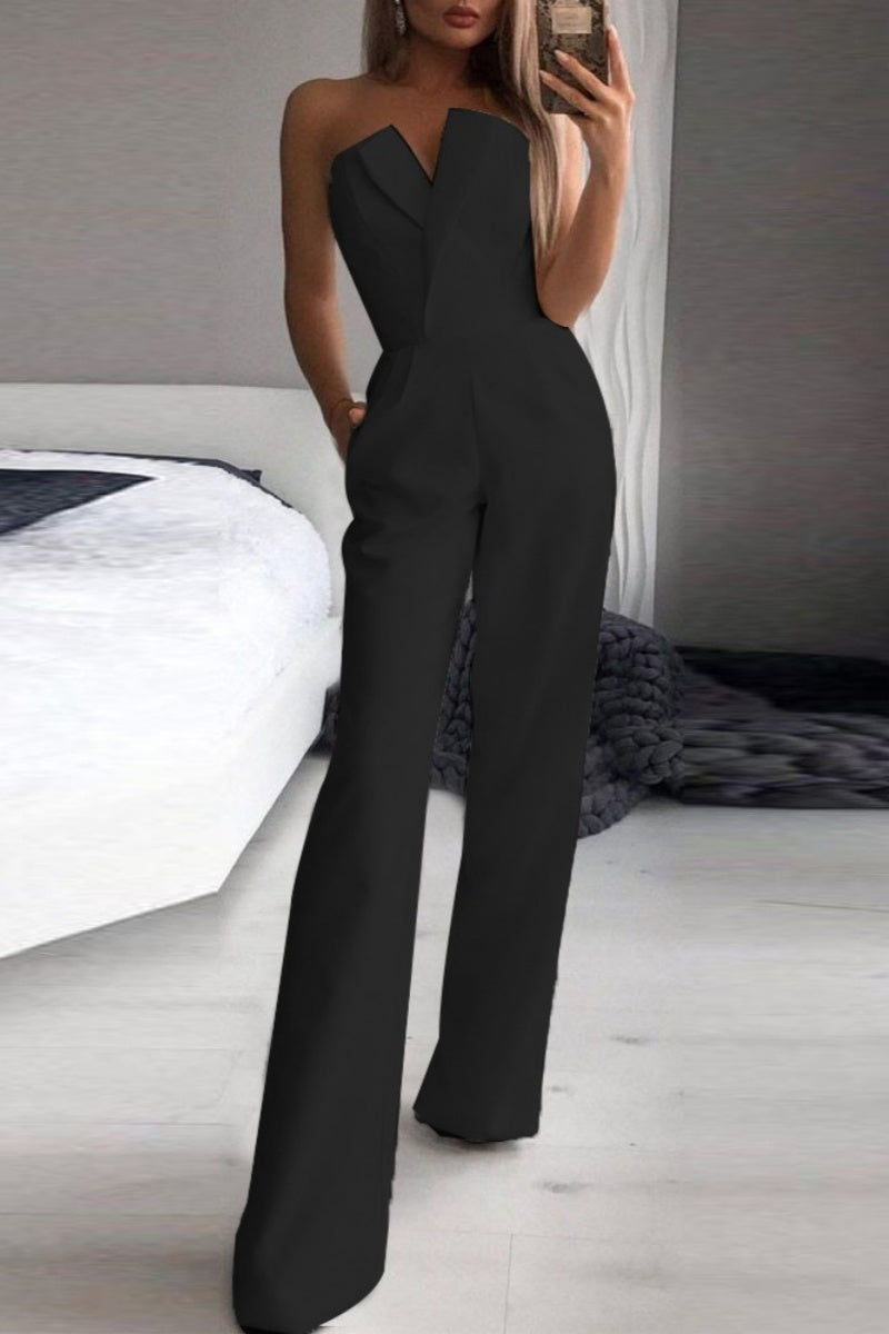 Sexy Casual Solid Backless Strapless Regular Jumpsuits