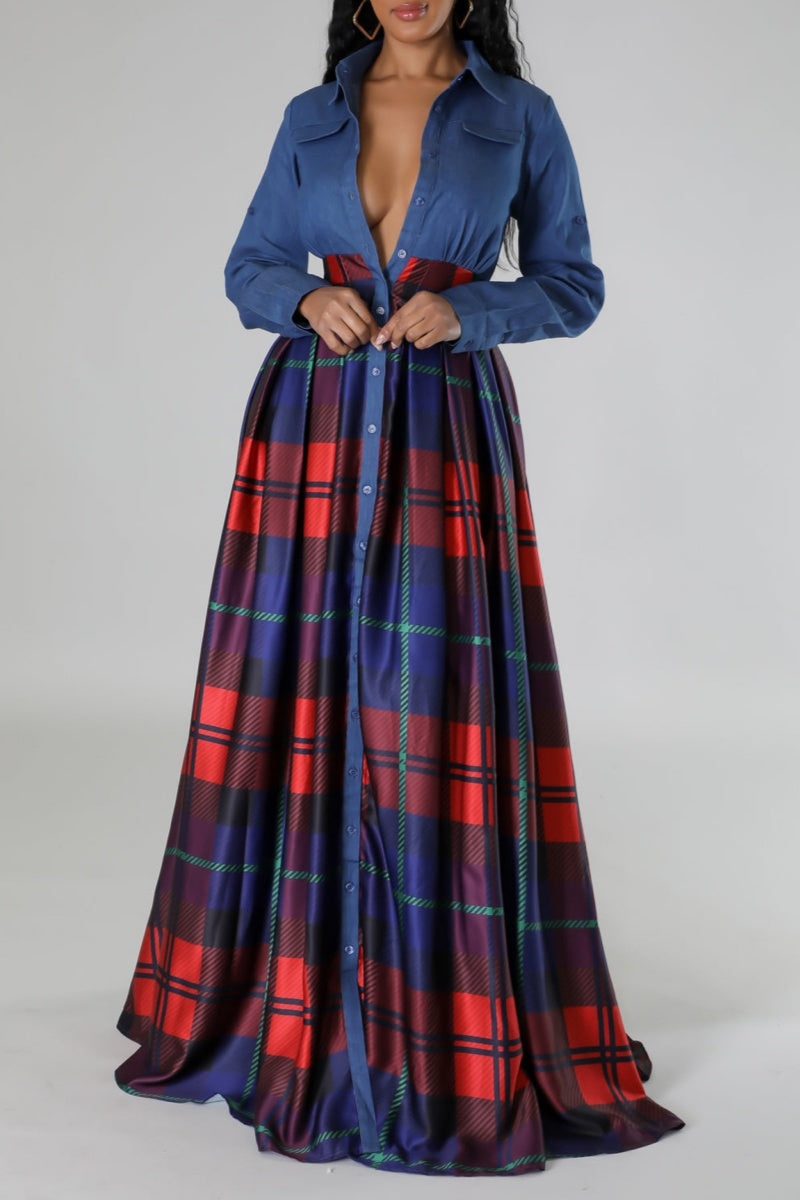 Casual Plaid Patchwork Turndown Collar Long Sleeve Dresses