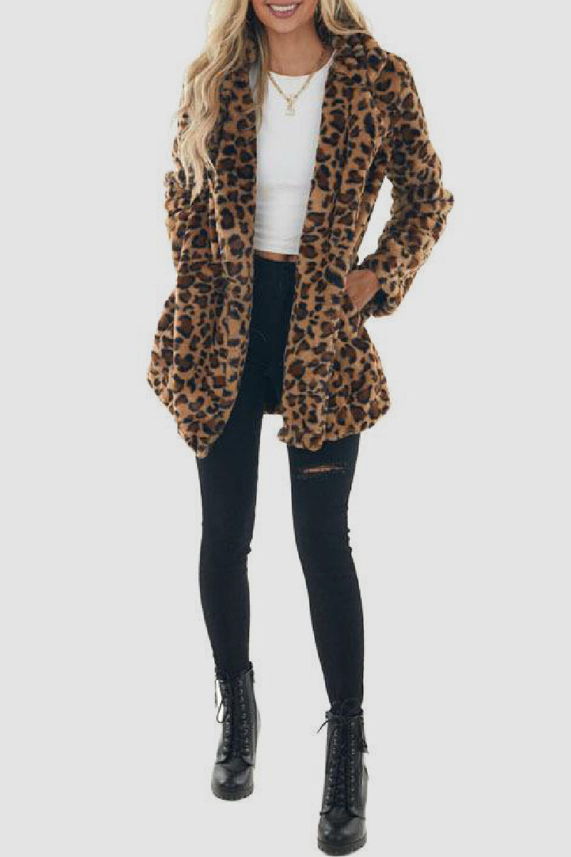 Casual Leopard Cardigan Turndown Collar Outerwear