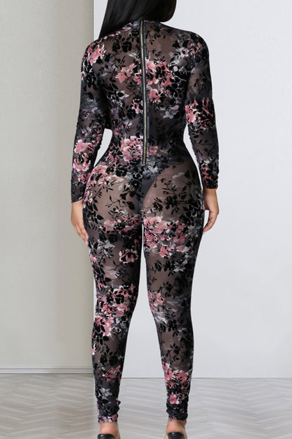 Sexy Print Patchwork Zipper O Neck Skinny Jumpsuits