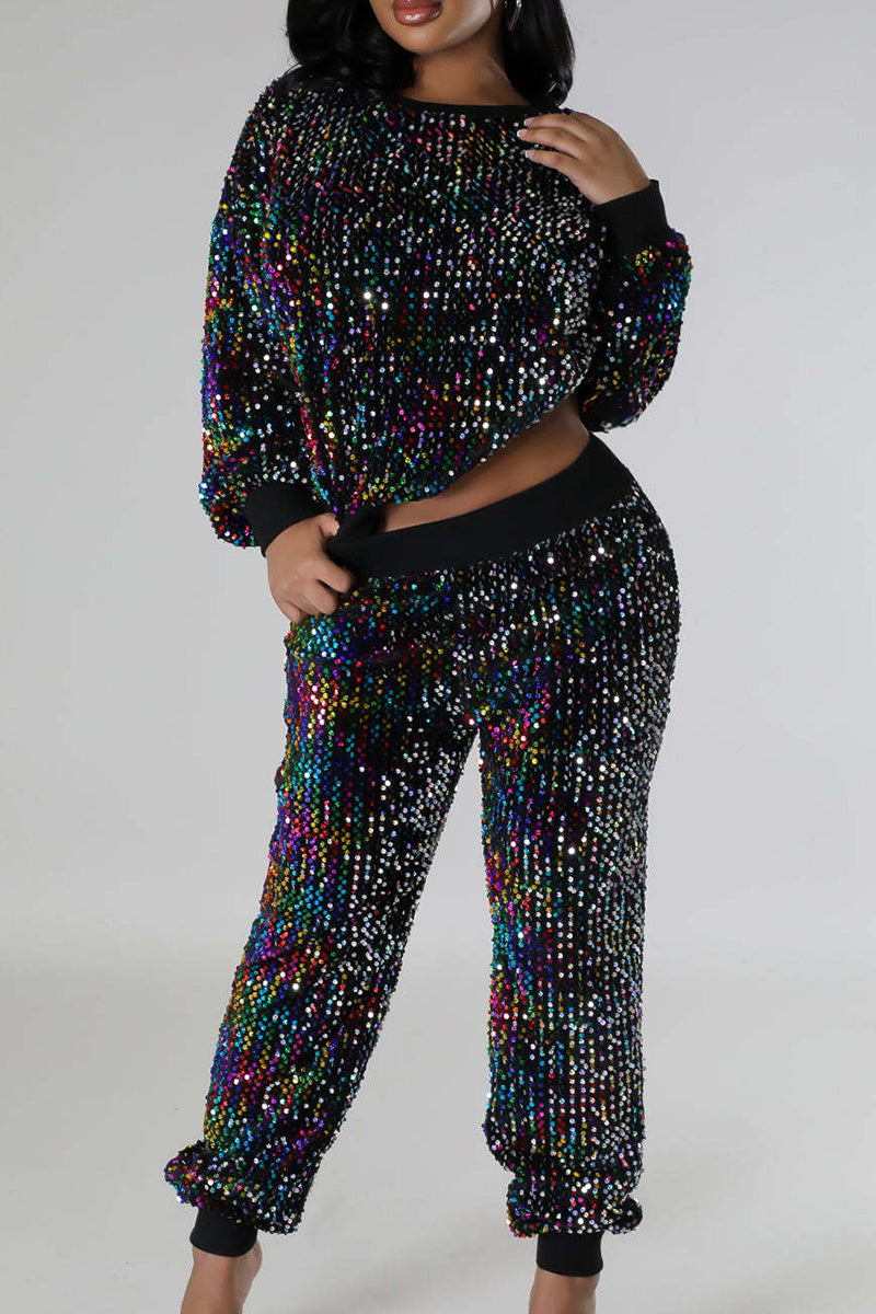 Street Sequins Patchwork O Neck Long Sleeve Two Pieces