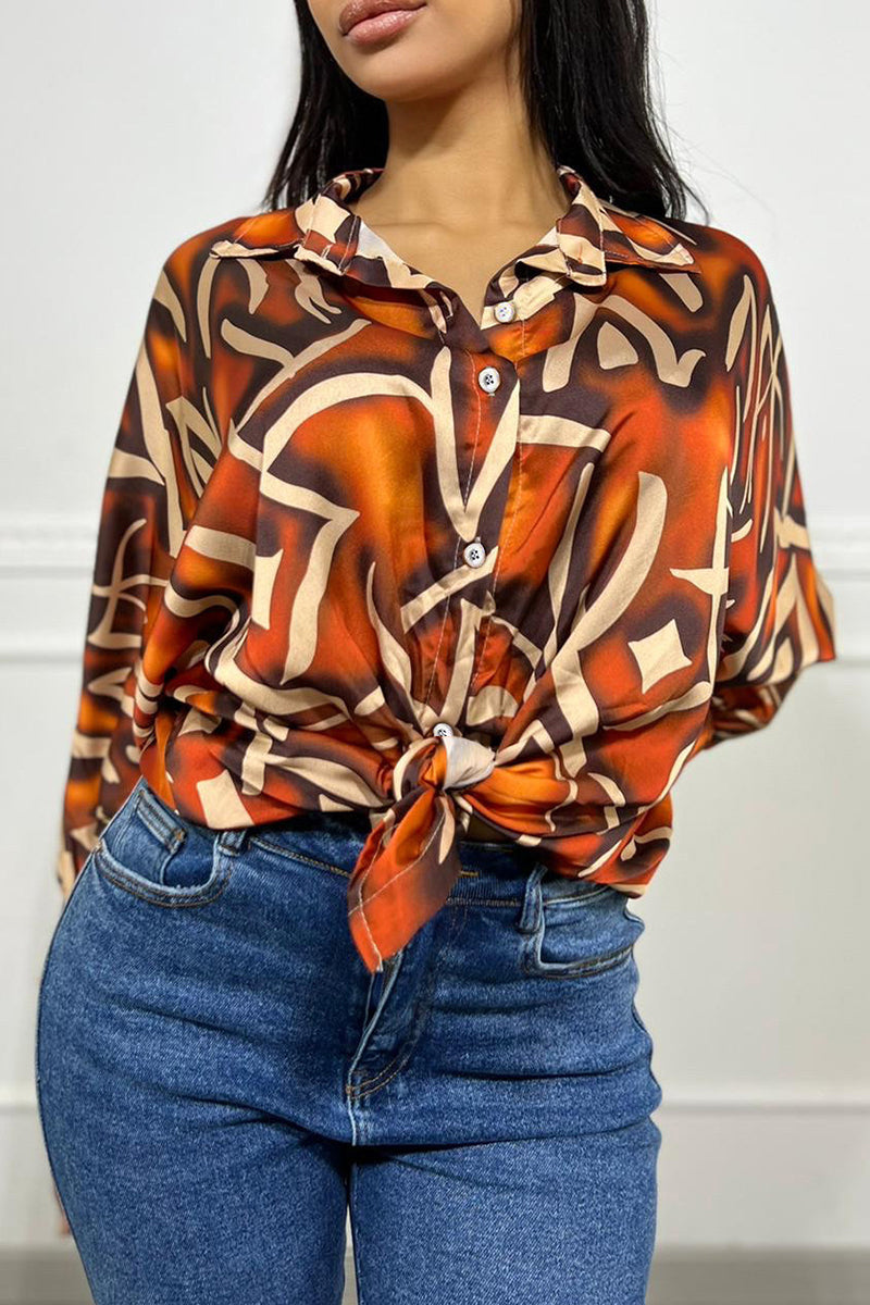 Casual Print Patchwork Buckle Shirt Collar Tops