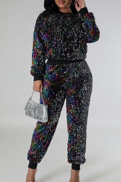 Street Sequins Patchwork O Neck Long Sleeve Two Pieces