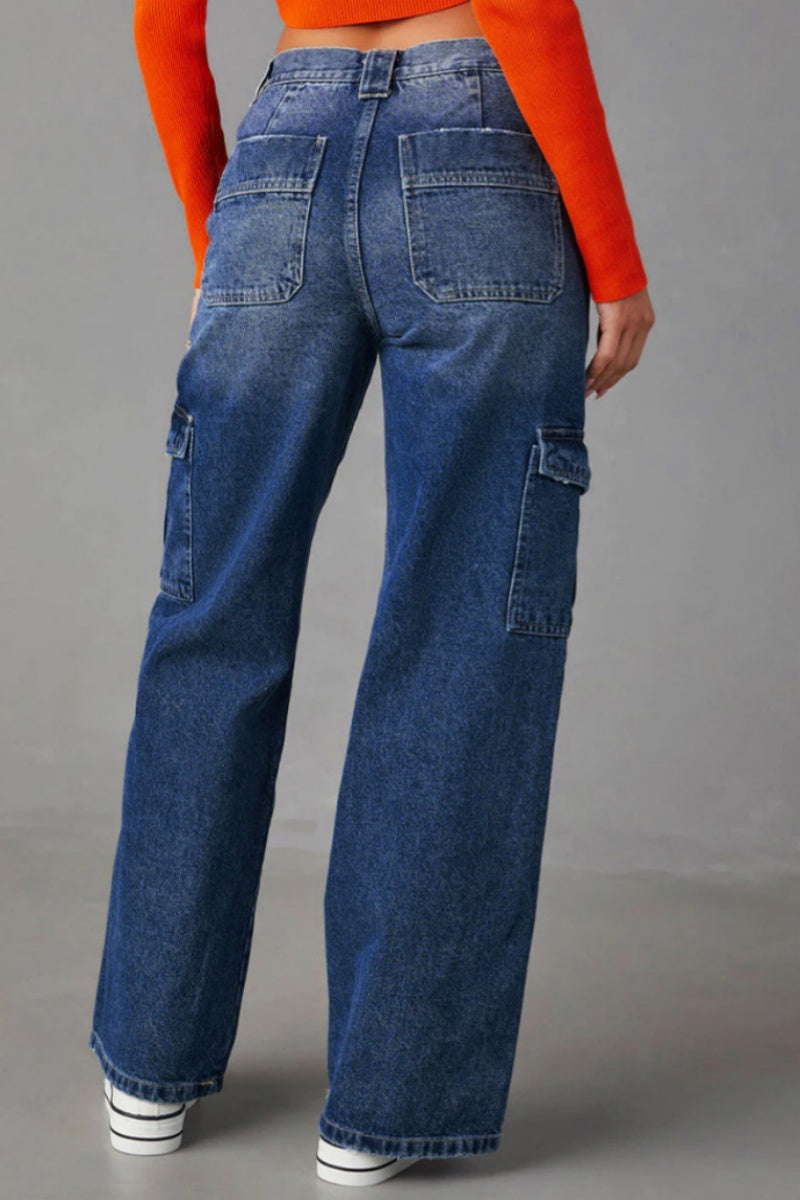 Casual Solid Patchwork High Waist Straight Denim Jeans