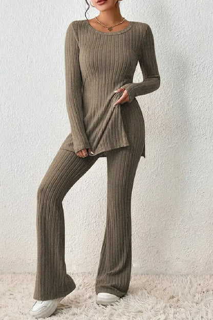 Casual Solid Slit O Neck Long Sleeve Two Pieces