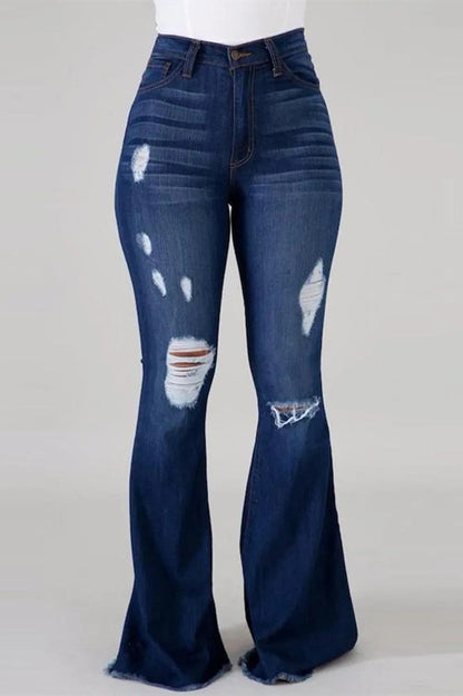 Fashion Casual Solid Ripped High Waist Regular Denim Jeans