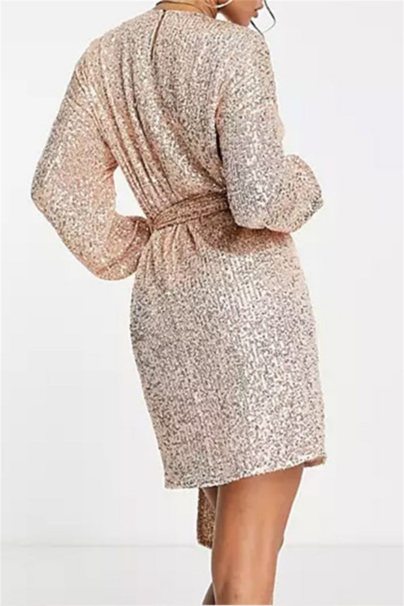 Casual Patchwork Sequins O Neck Long Sleeve Dresses