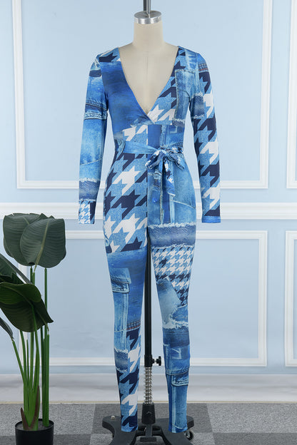 Street Print Bandage Patchwork V Neck Skinny Jumpsuits