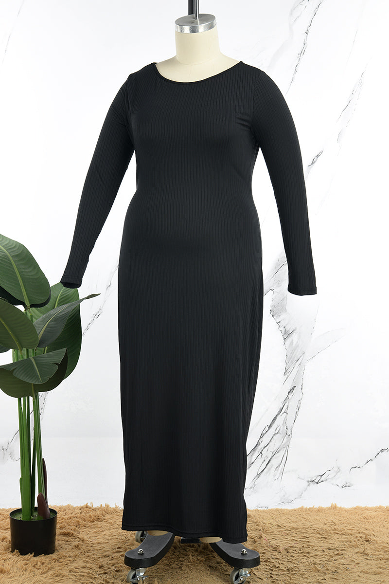 Casual Solid Basic O Neck Long Sleeve Plus Size Dresses