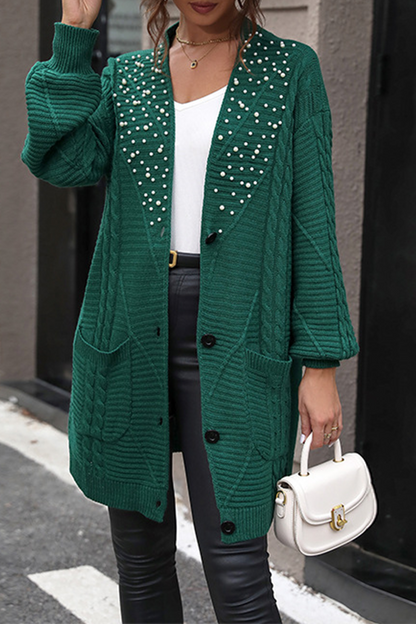 Casual Solid Beading Weave Cardigan Collar Outerwear