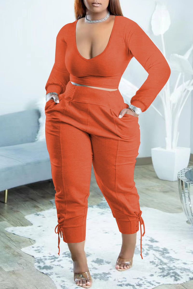 Casual Solid Basic V Neck Plus Size Two Pieces