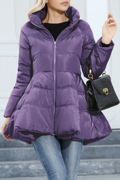 Elegant Solid Pocket Zipper Mandarin Collar Outerwear