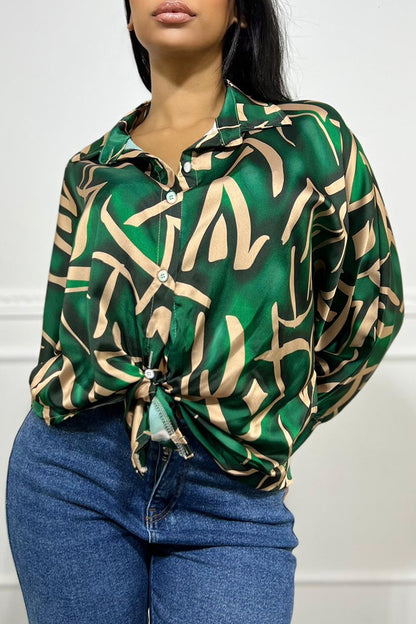 Casual Print Patchwork Buckle Shirt Collar Tops