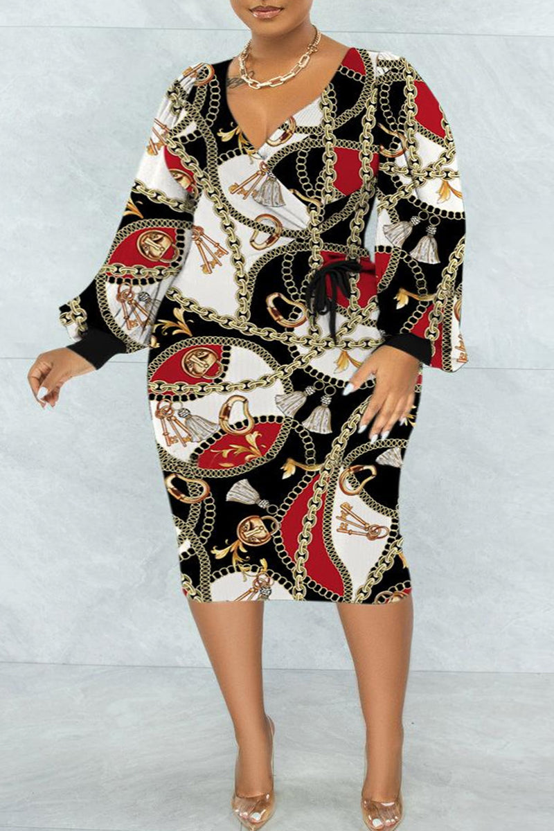 Casual Print Frenulum V Neck Long Sleeve Plus Size Dresses