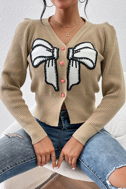 Casual Patchwork Buttons With Bow V Neck Outerwear