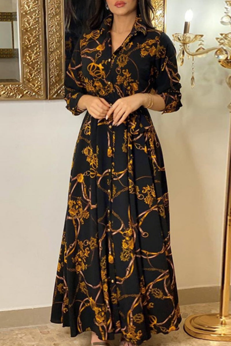 Casual Print Basic Turndown Collar Long Dress Dresses