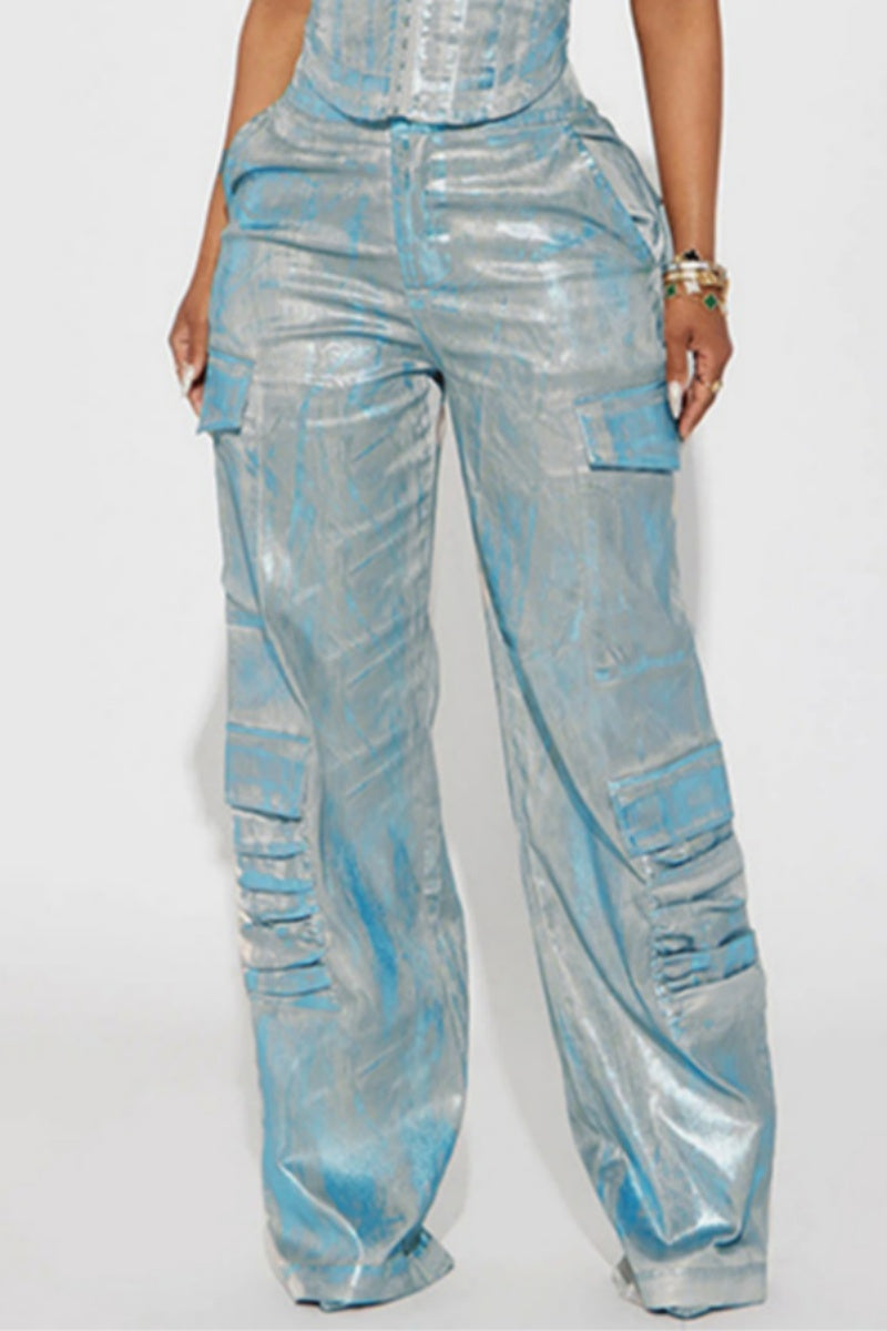 Casual Patchwork Pocket High Waist Regular Denim Jeans