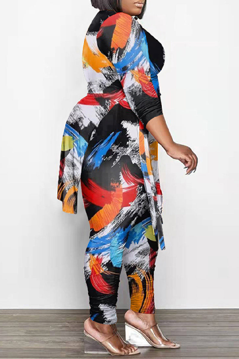 Casual Print Frenulum O Neck Plus Size Two Piece Set