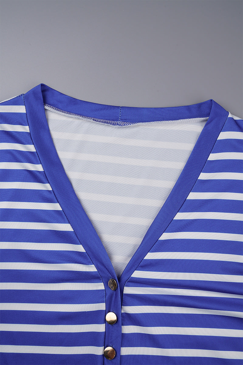 Casual Striped Patchwork Buttons V Neck Plus Size Tops