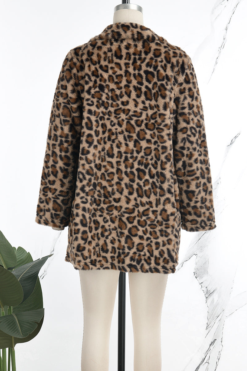 Casual Leopard Cardigan Turndown Collar Outerwear