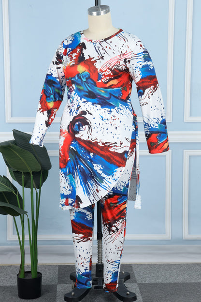 Casual Print Frenulum O Neck Plus Size Two Piece Set