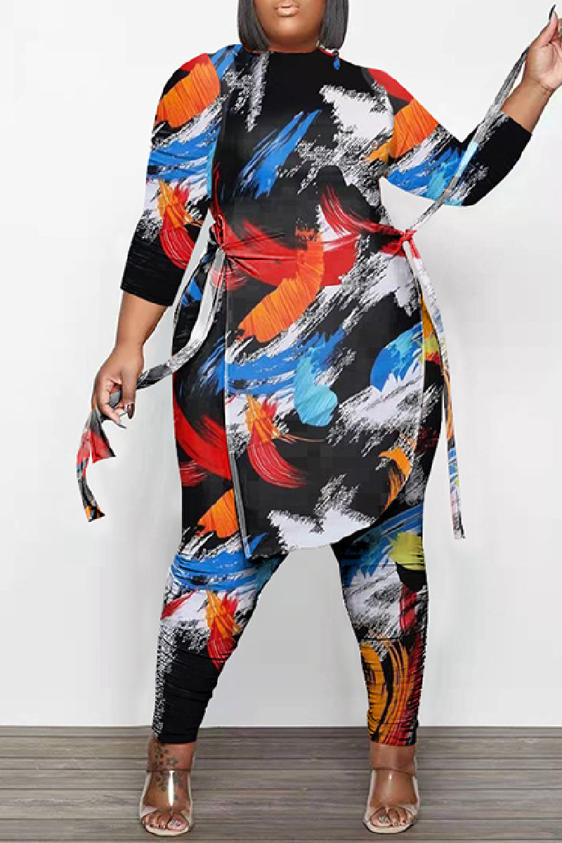 Casual Print Frenulum O Neck Plus Size Two Piece Set