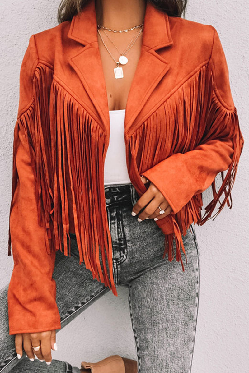 Street Solid Tassel Patchwork Turndown Collar Outerwear