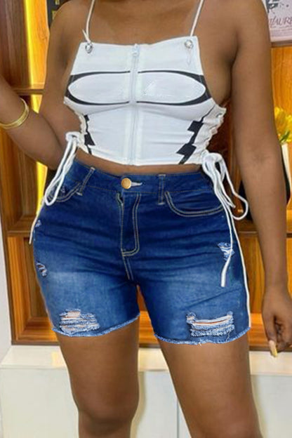 Casual Solid Ripped Patchwork High Waist Skinny Denim Shorts